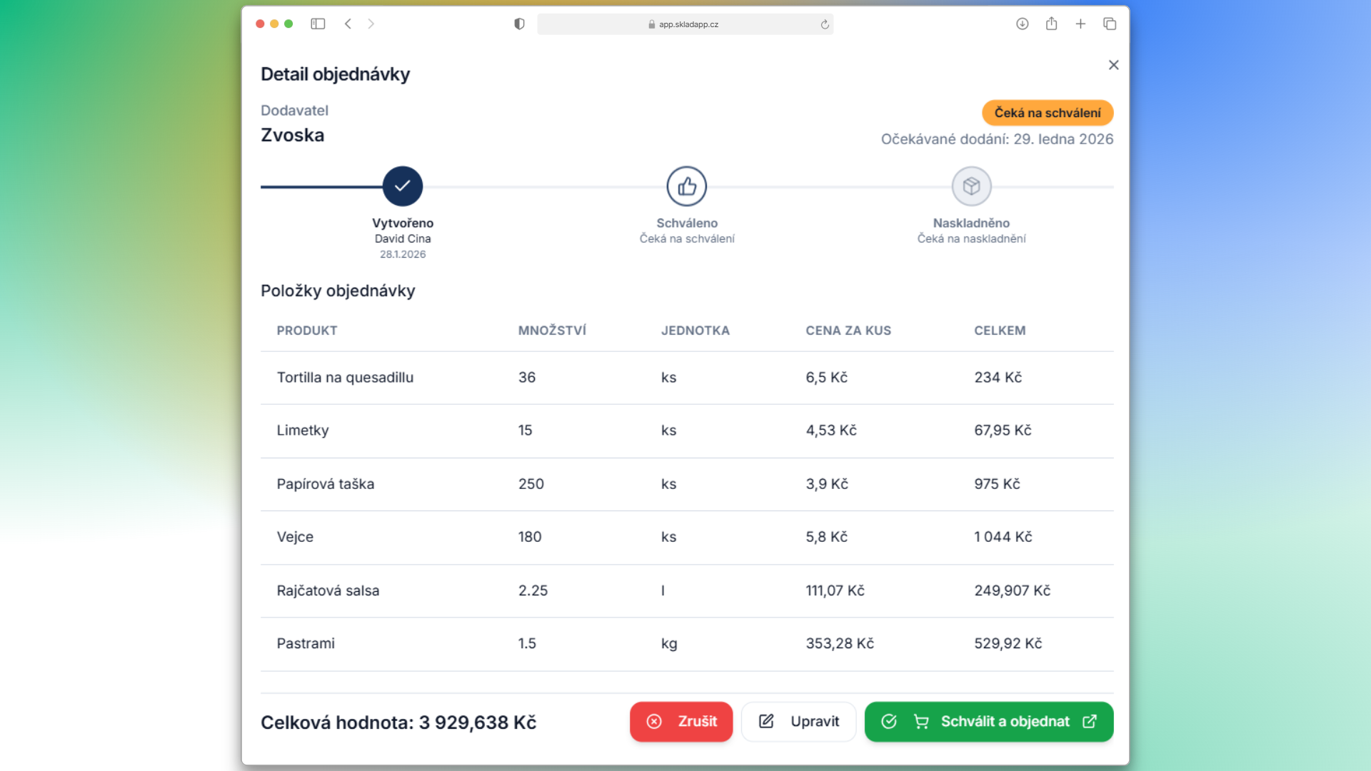 Screenshot přímého odeslání objednávky do e-shopu dodavatele