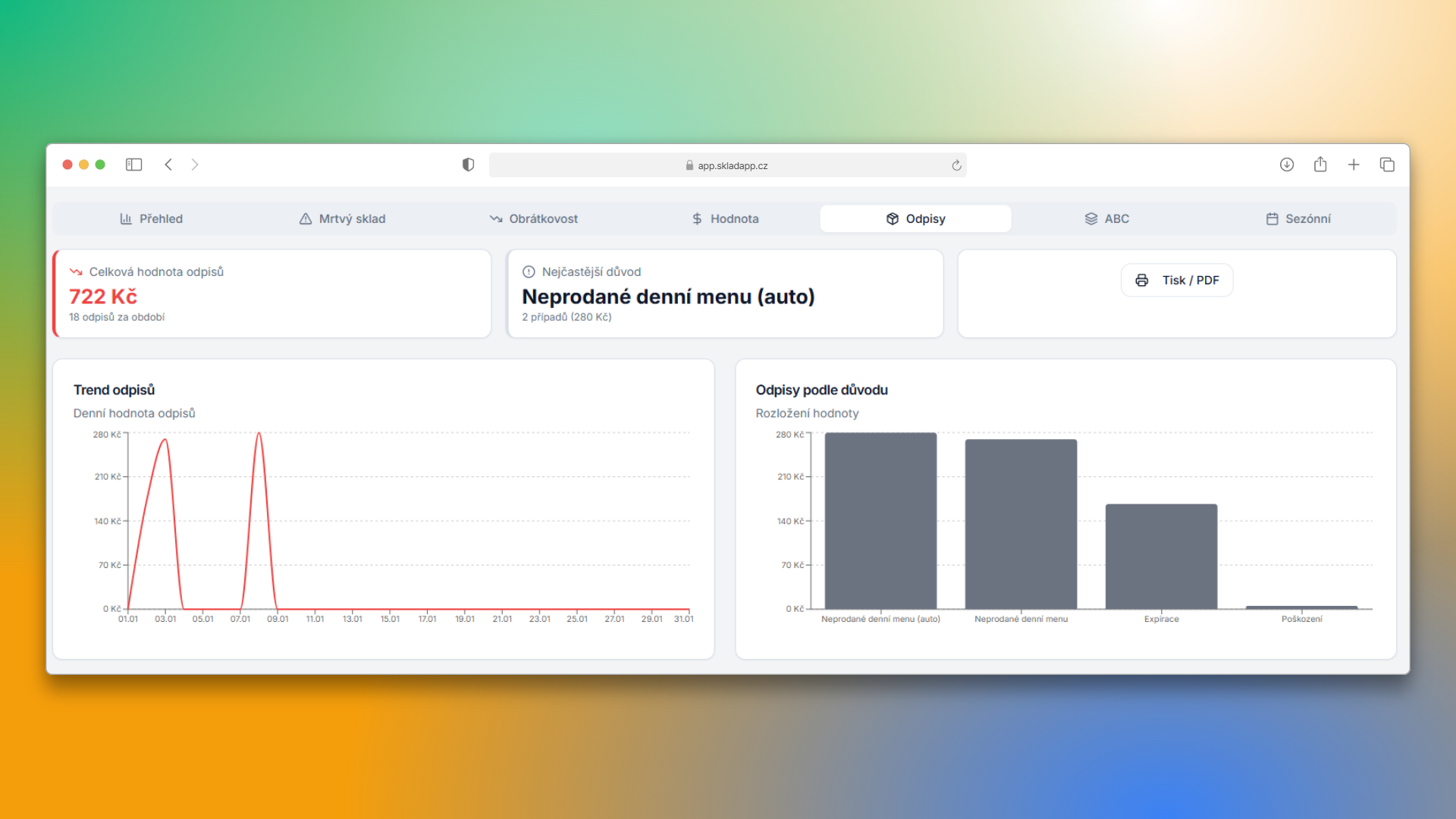 Screenshot filtrů a exportu do Excelu