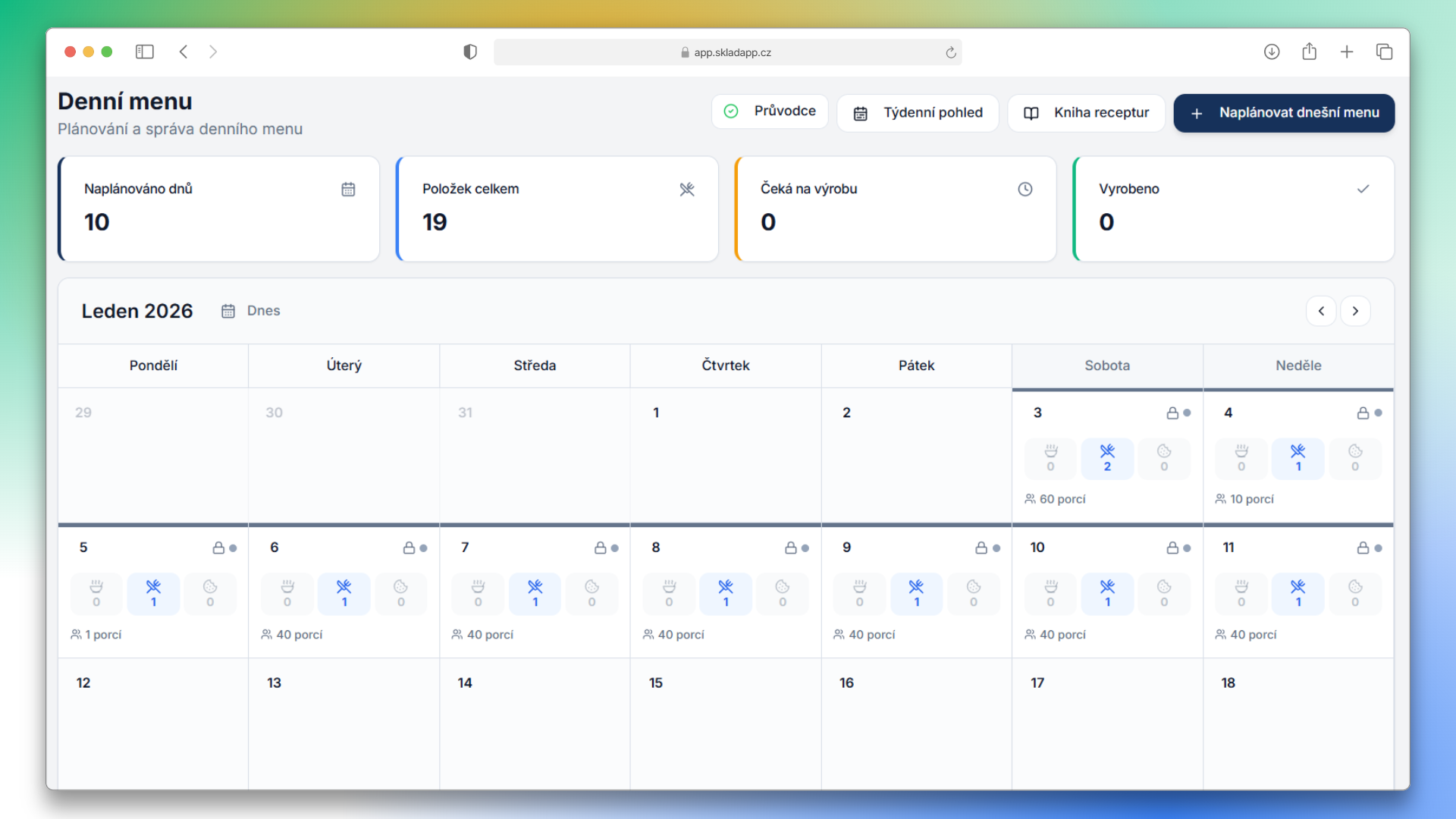 Screenshot kalendáře s naplánovaným denním menu