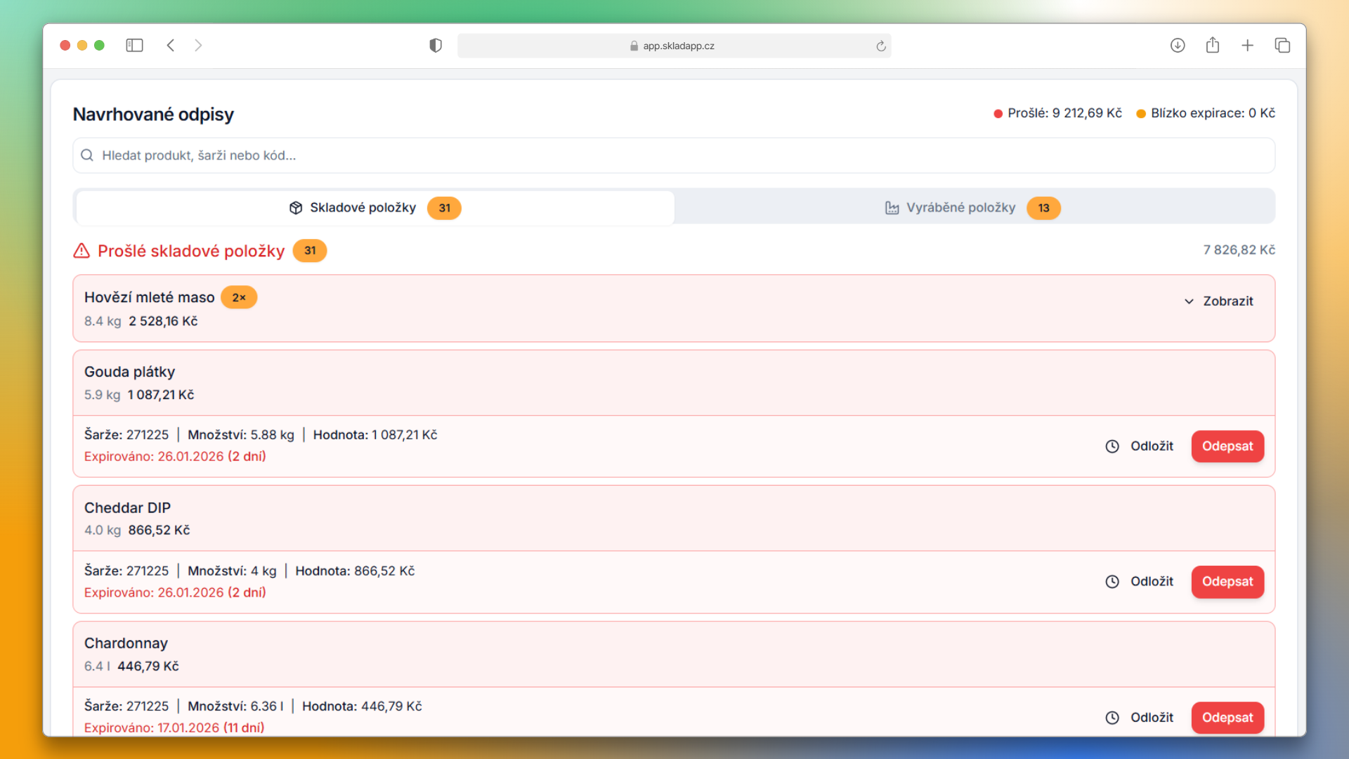 Screenshot predikcí a upozornění na expiraci