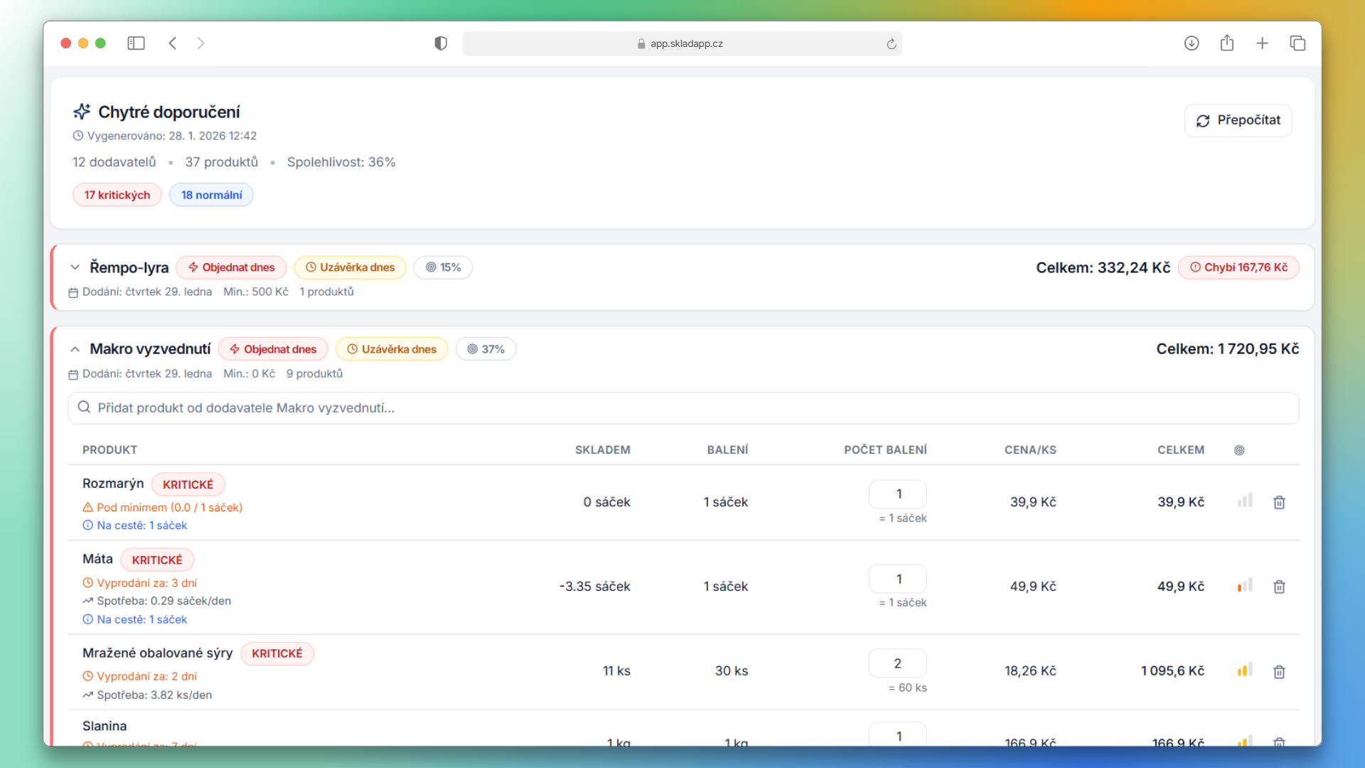Screenshot inteligentní analýzy před objednávkou